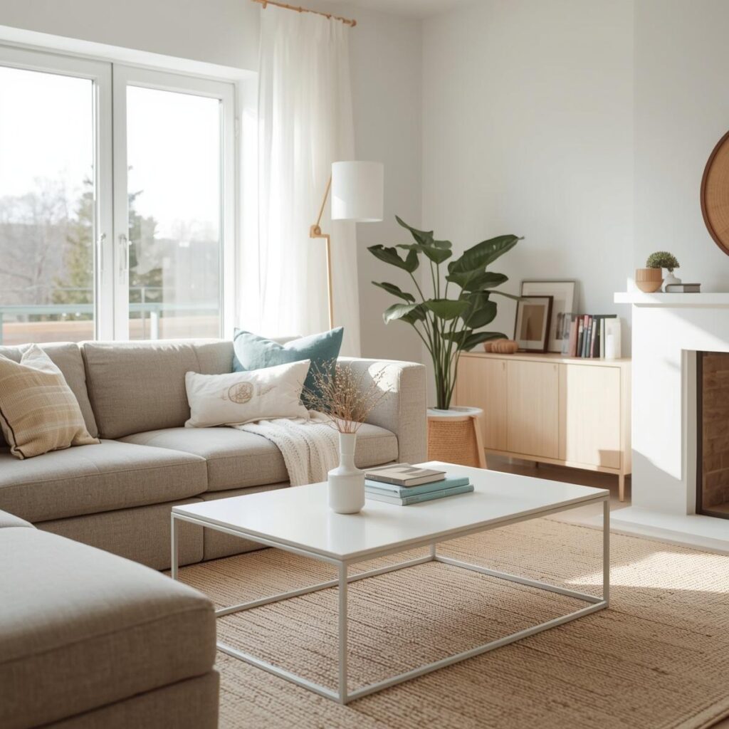 Decluttered and organized living room prepared for home sale