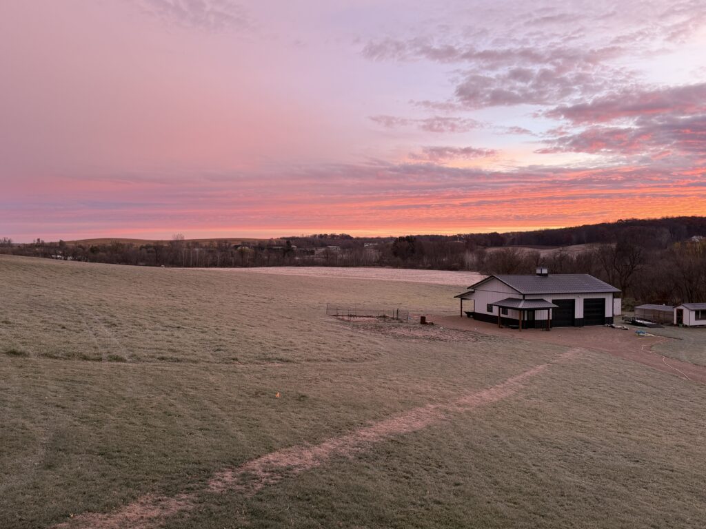 Sunrise over acreage property with workshop in the Chippewa Valley Wisconsin