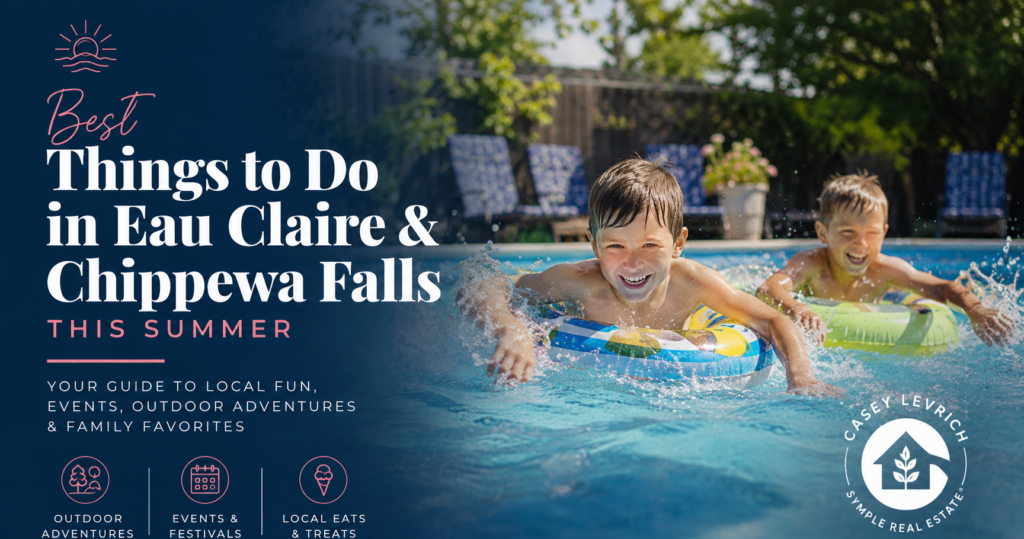 Kids enjoying a swimming pool on a sunny summer day, representing family-friendly activities and summer fun in Eau Claire and Chippewa Falls, Wisconsin.