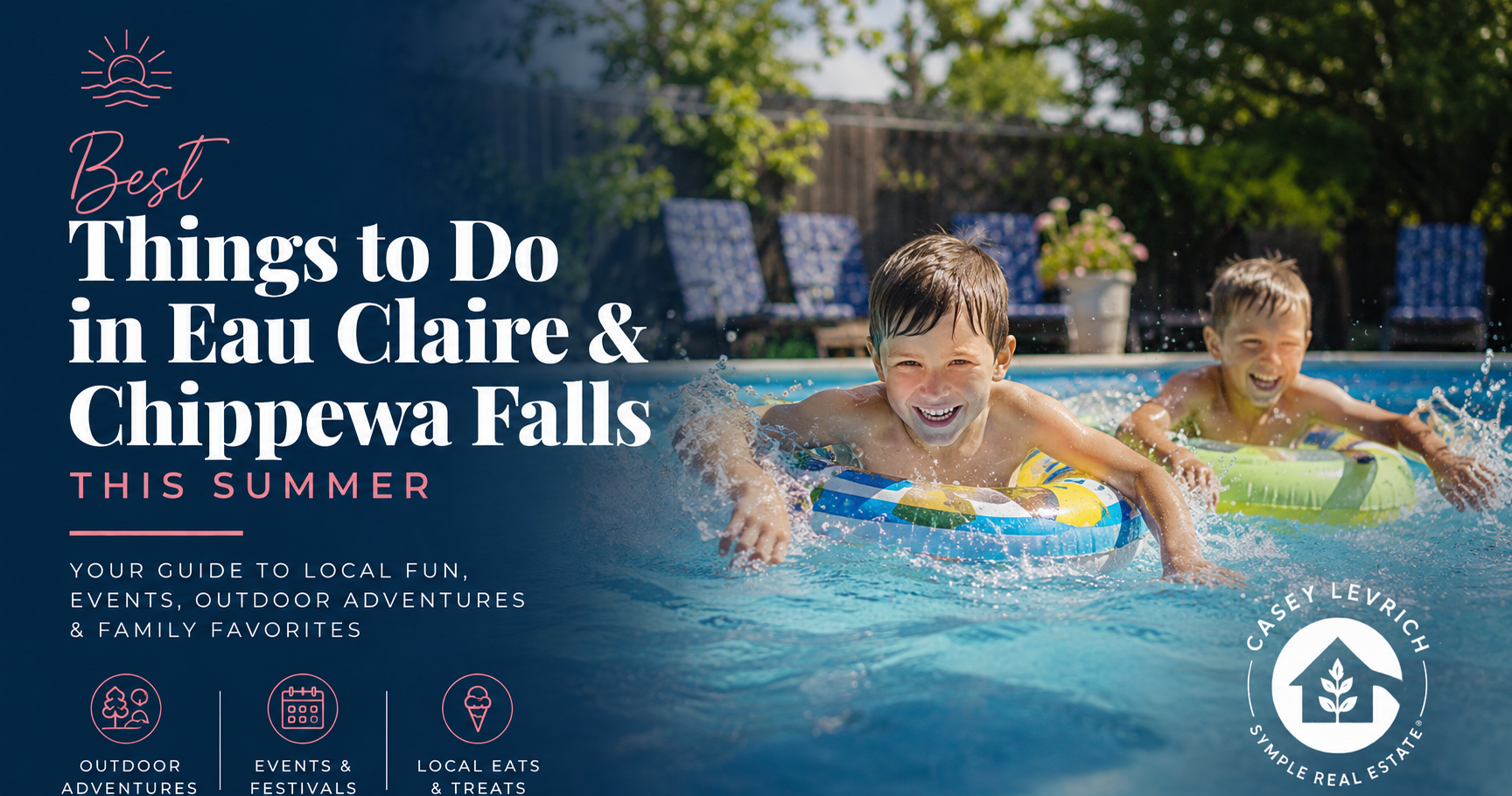 Kids enjoying a swimming pool on a sunny summer day, representing family-friendly activities and summer fun in Eau Claire and Chippewa Falls, Wisconsin.