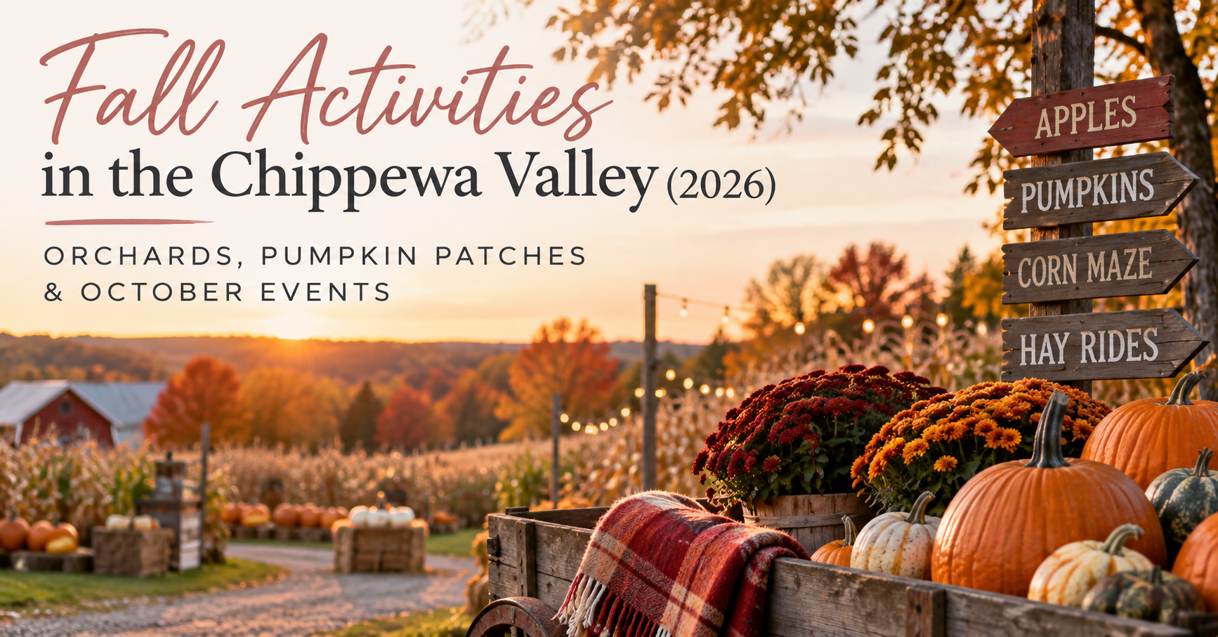 Fall activities in the Chippewa Valley featuring a Wisconsin pumpkin patch, apple orchard, corn maze and hayrides during autumn